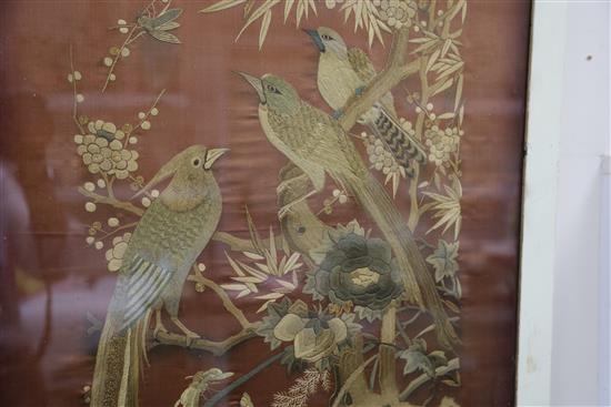 A Chinese embroidered silk picture of birds, late 19th century, 114 x 49cm